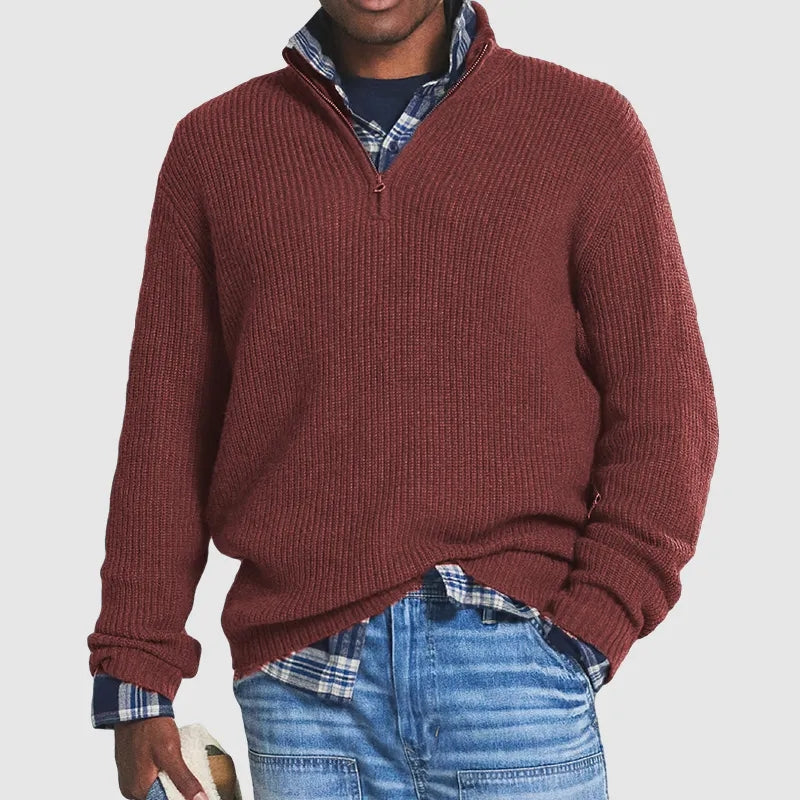 Men’s Ribbed Half-Zip Knit Jumper with Stand Collar