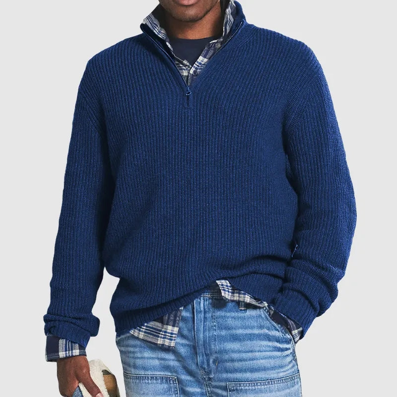Men’s Ribbed Half-Zip Knit Jumper with Stand Collar