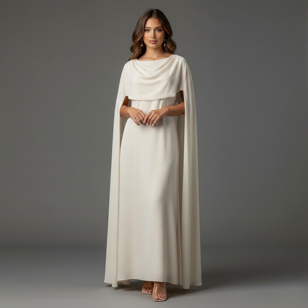 Mia | Elegant Flowing Cape Wedding Guest Dress