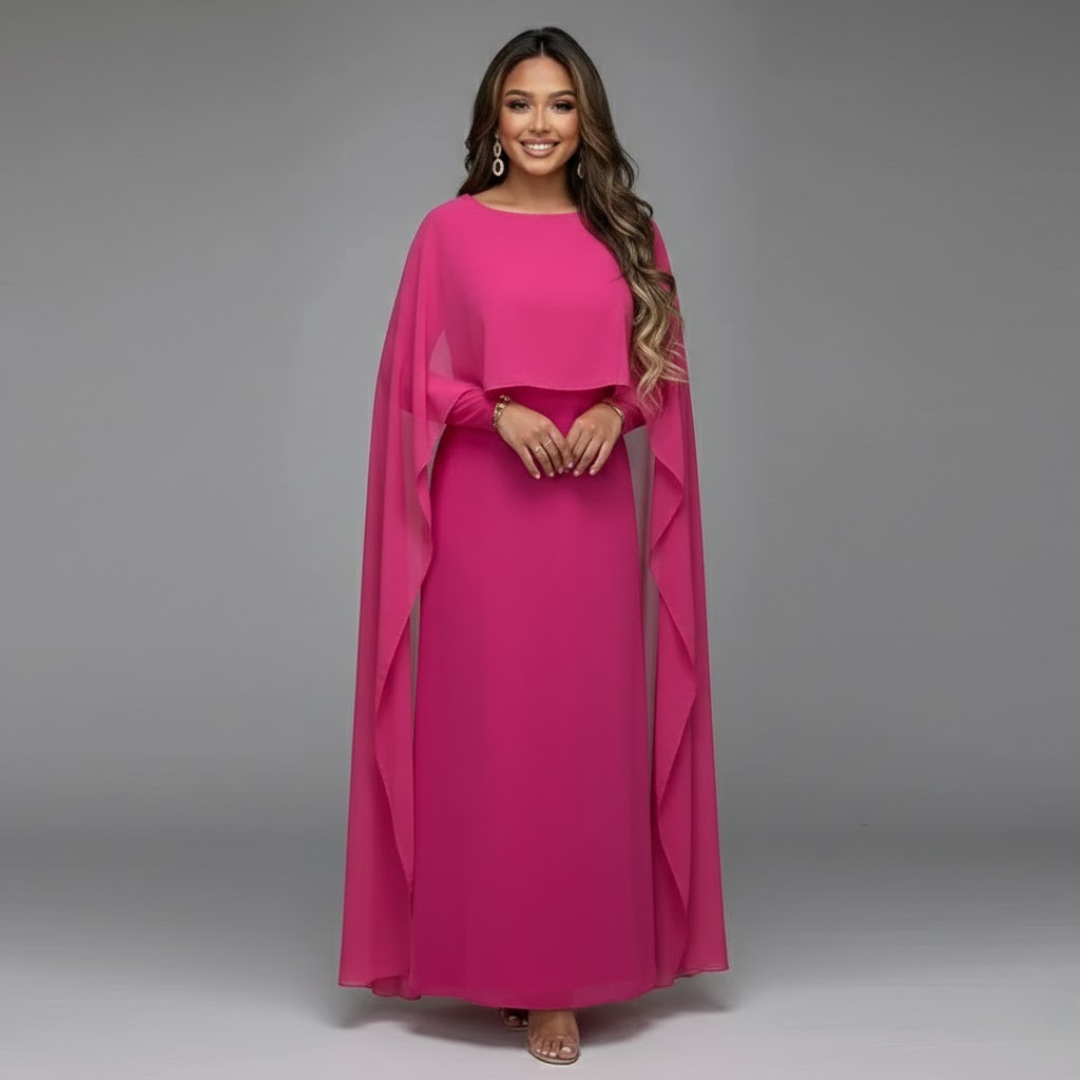 Mia | Elegant Flowing Cape Wedding Guest Dress