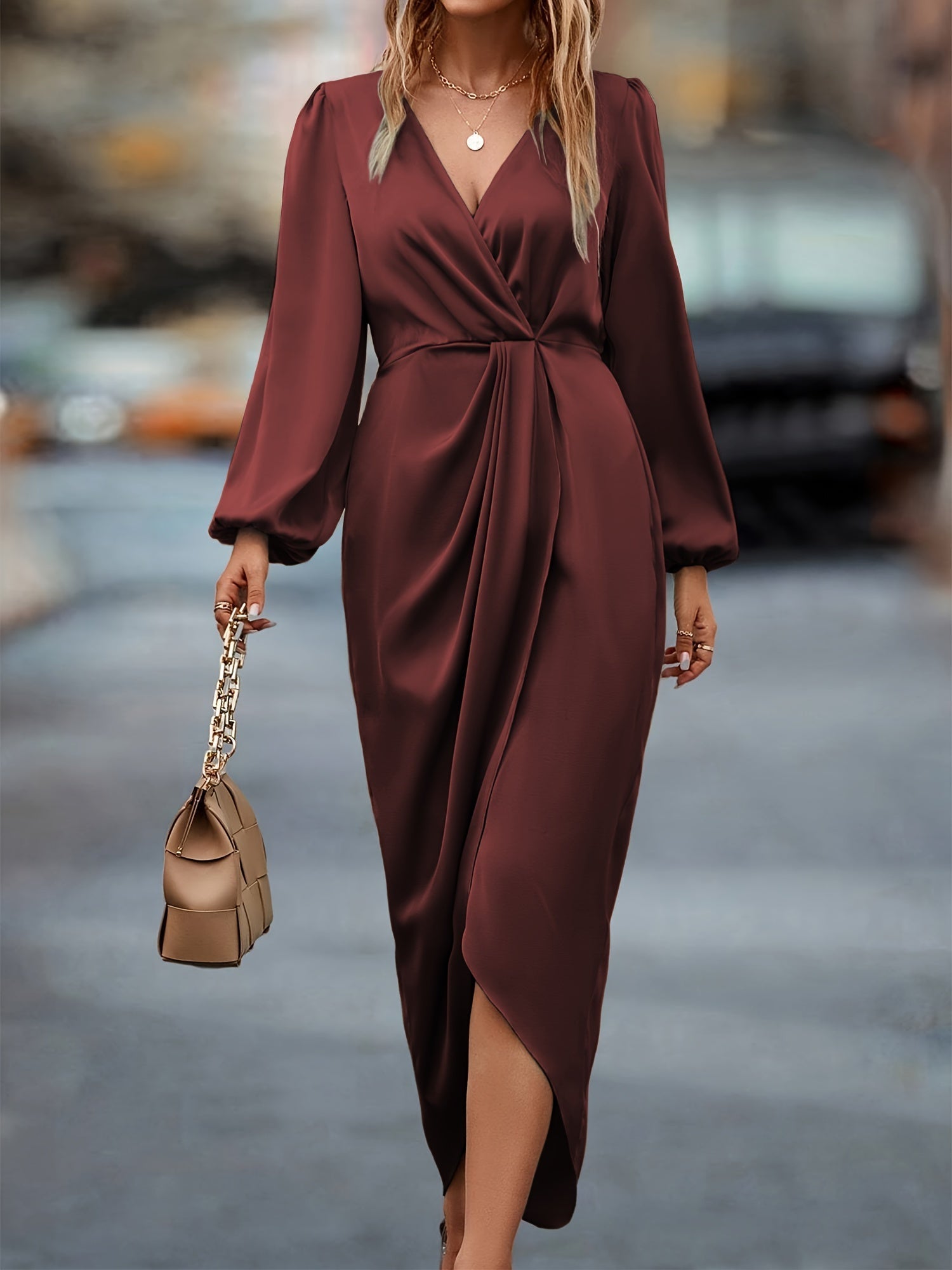 Ava | Elegant Long Sleeve Wrap Midi Dress For Wedding Guests 1