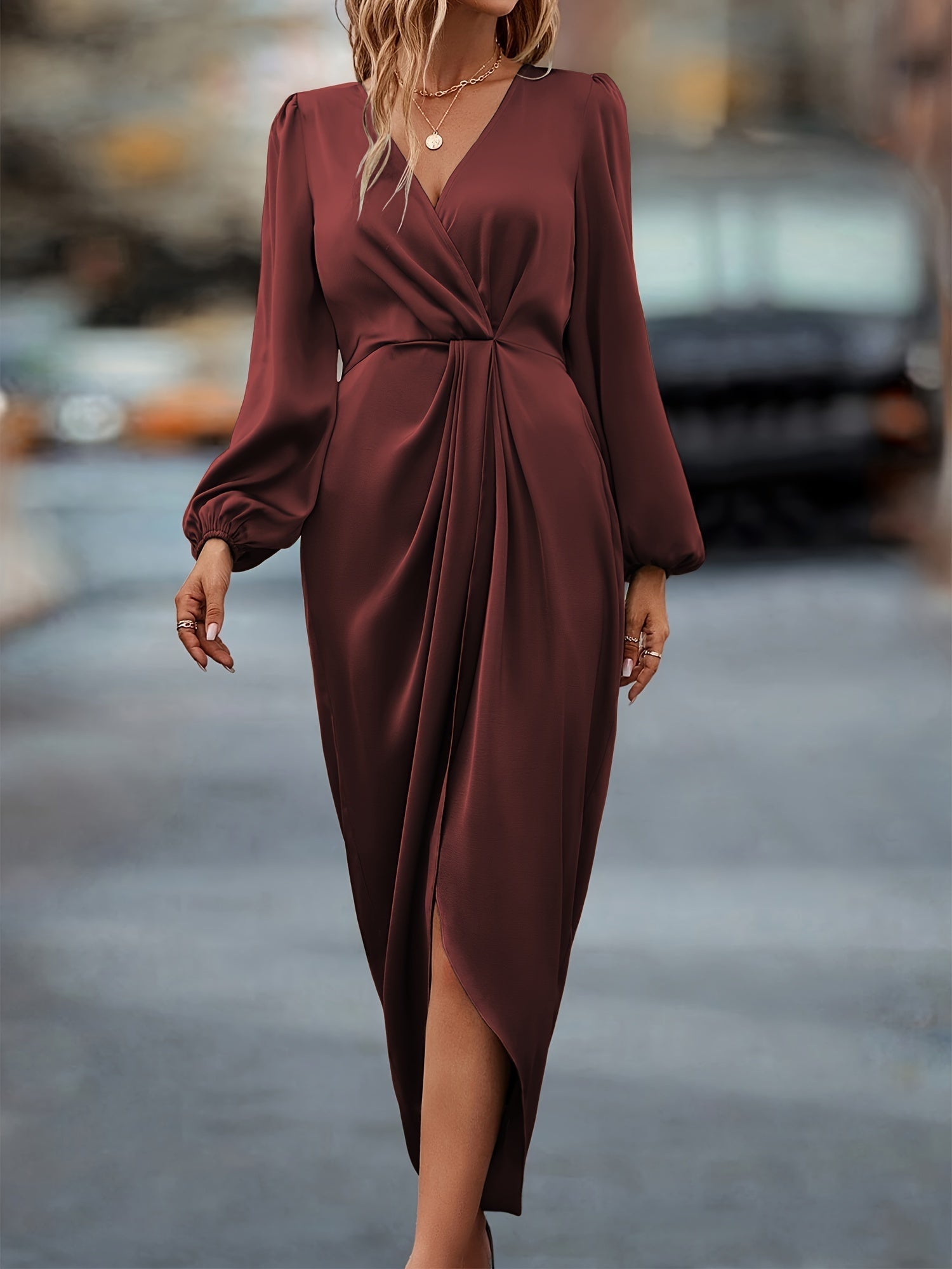 Ava | Elegant Long Sleeve Wrap Midi Dress For Wedding Guests 3