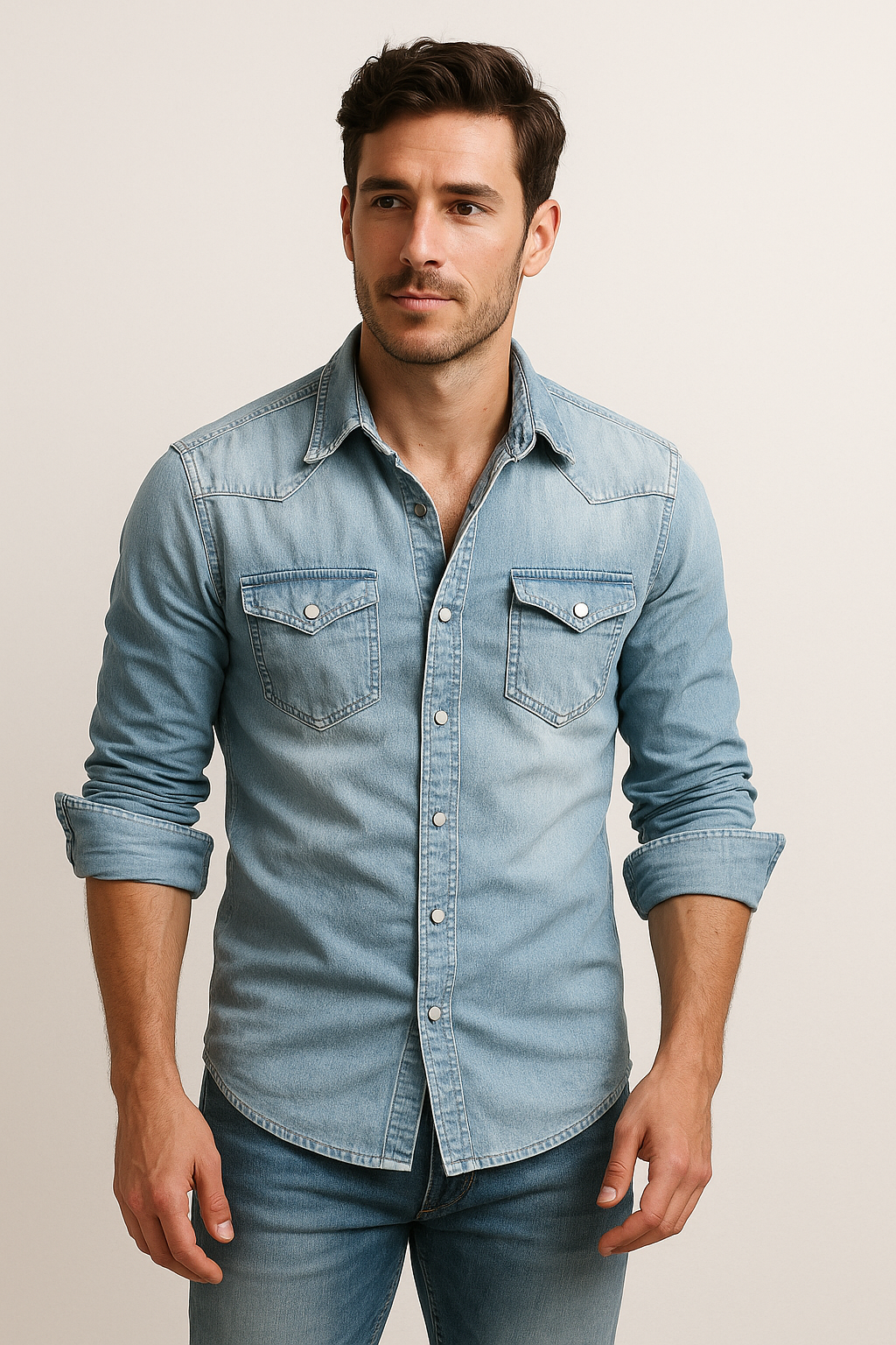 Classic Denim Shirt | Mens Denim Top with Adjustable Cuffs & Easy Care 0