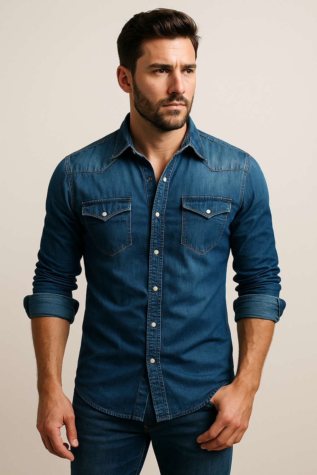 Classic Denim Shirt | Mens Denim Top with Adjustable Cuffs & Easy Care 2