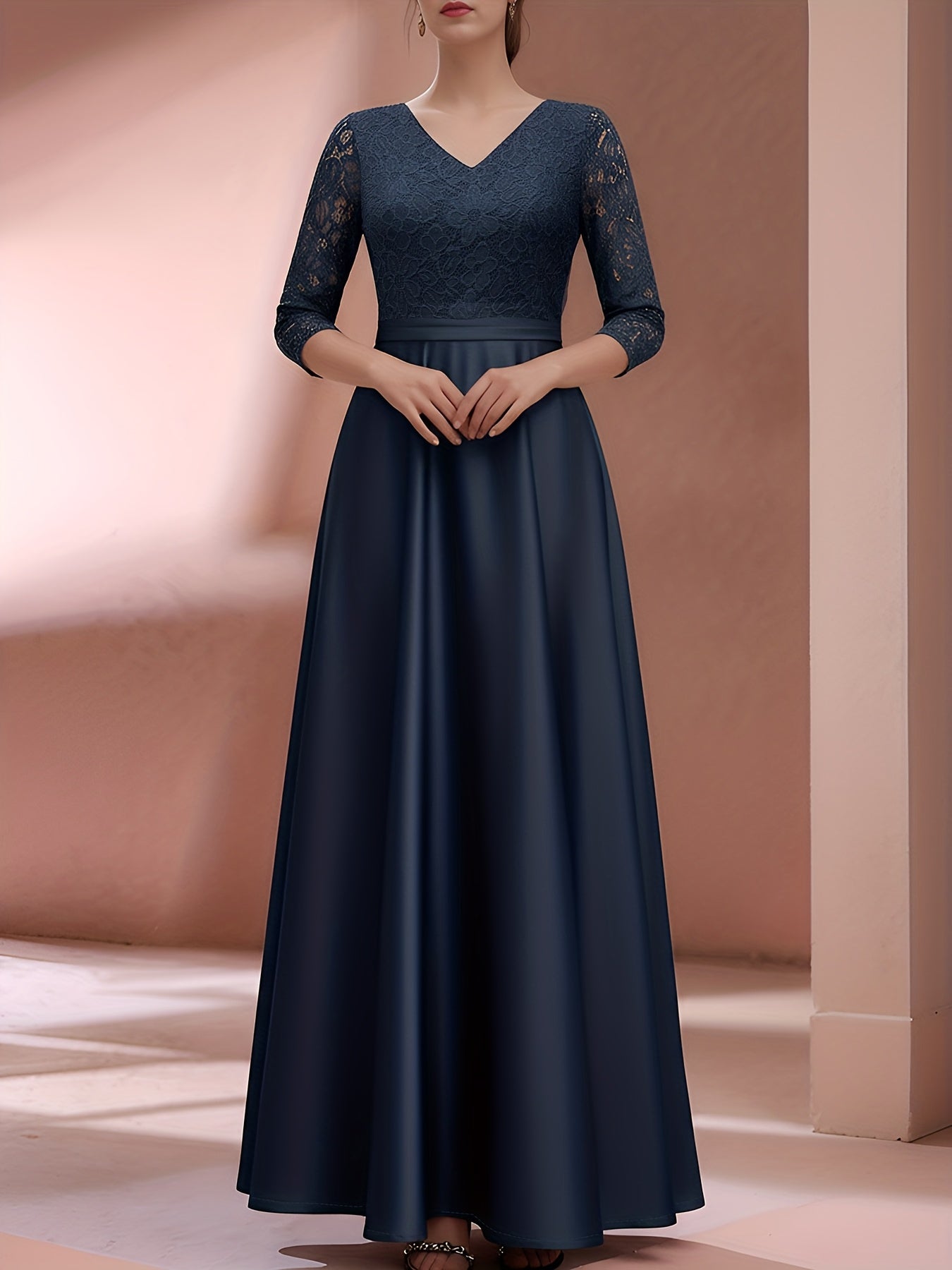 Elegant A-Line Maxi Dress for Women with Lace Detailing & Three-Quarter Sleeves 0