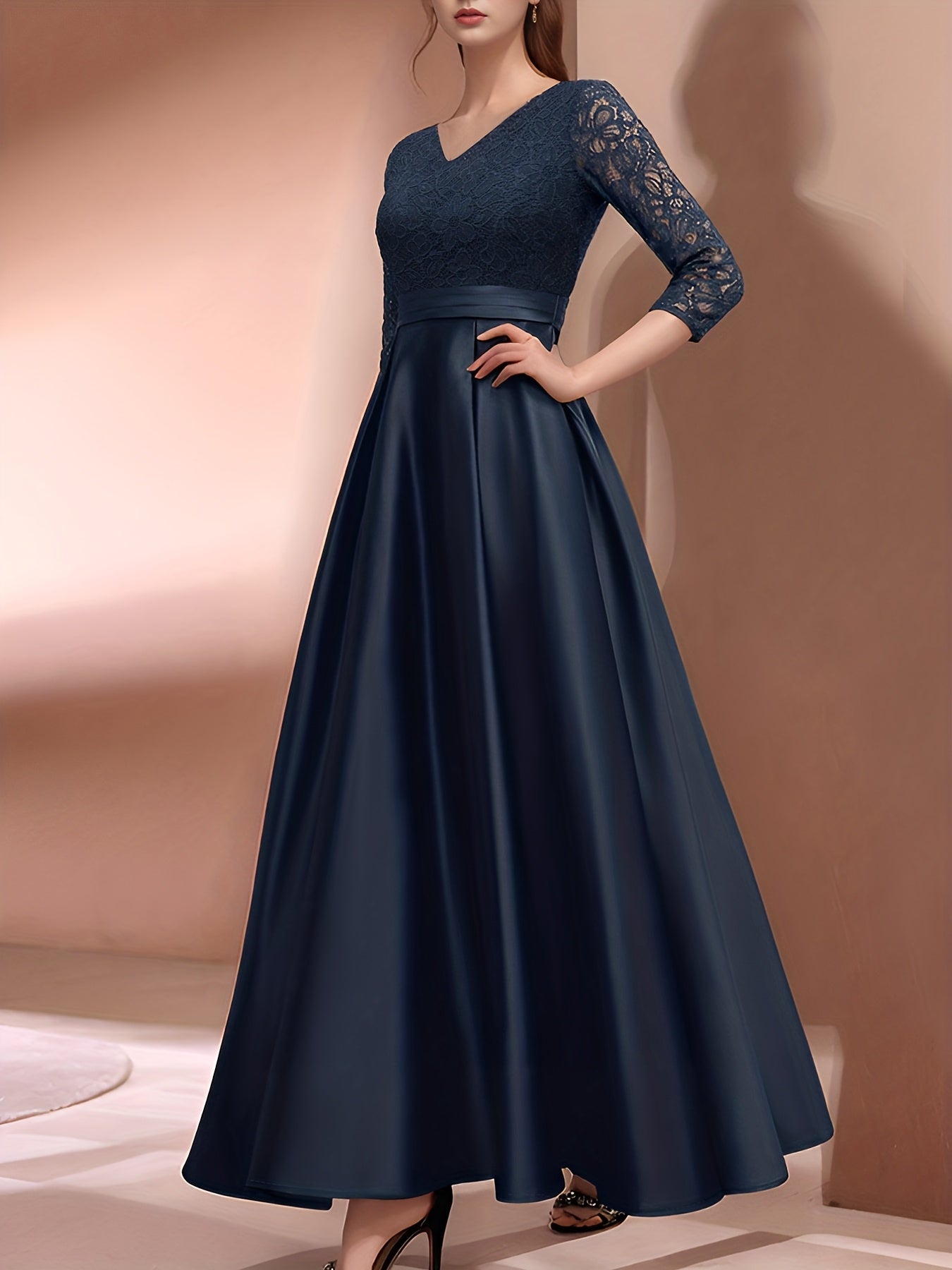 Elegant A-Line Maxi Dress for Women with Lace Detailing & Three-Quarter Sleeves 1