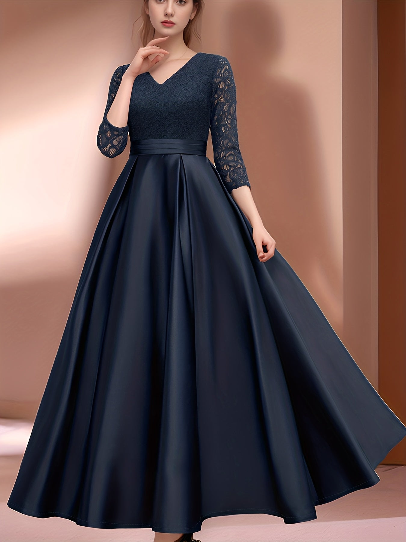 Elegant A-Line Maxi Dress for Women with Lace Detailing & Three-Quarter Sleeves 2