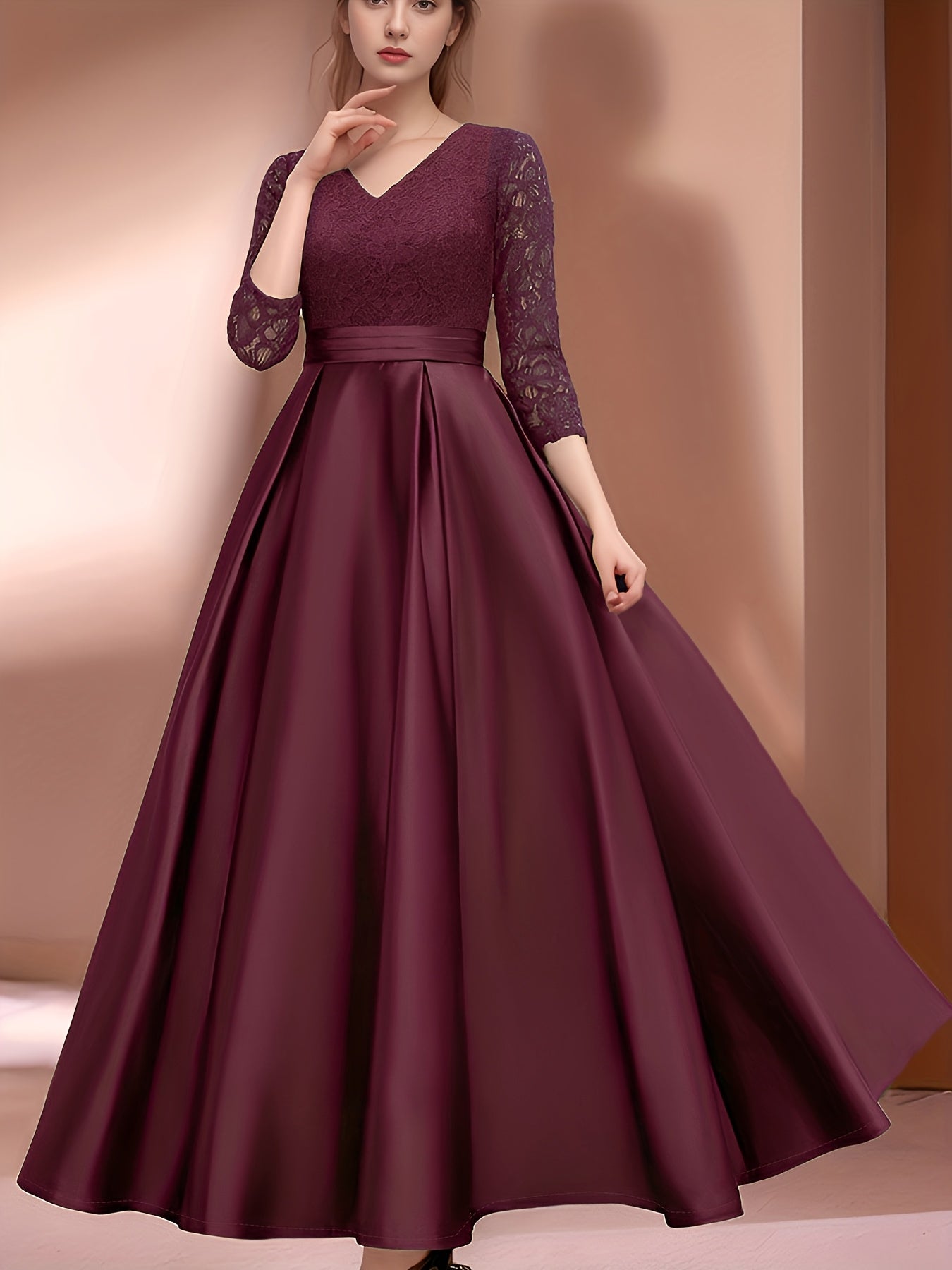 Elegant A-Line Maxi Dress for Women with Lace Detailing & Three-Quarter Sleeves 3