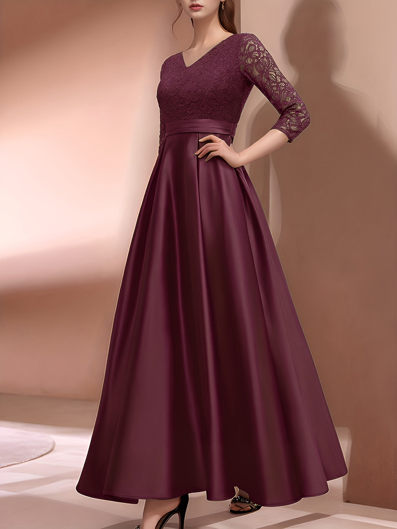 Elegant A-Line Maxi Dress for Women with Lace Detailing & Three-Quarter Sleeves 4