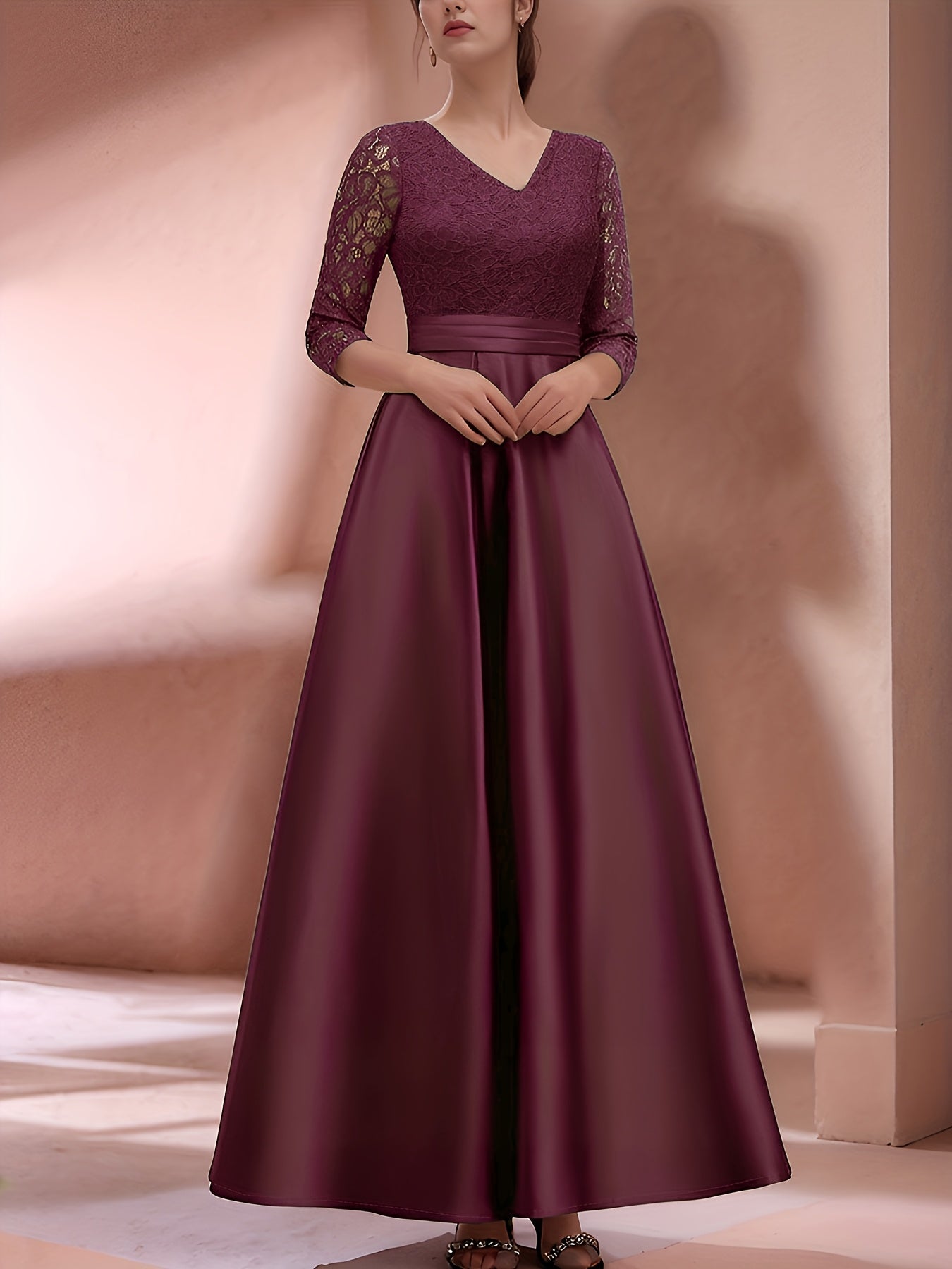 Elegant A-Line Maxi Dress for Women with Lace Detailing & Three-Quarter Sleeves 6