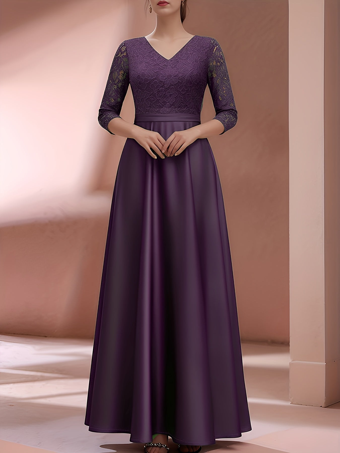 Elegant A-Line Maxi Dress for Women with Lace Detailing & Three-Quarter Sleeves 8