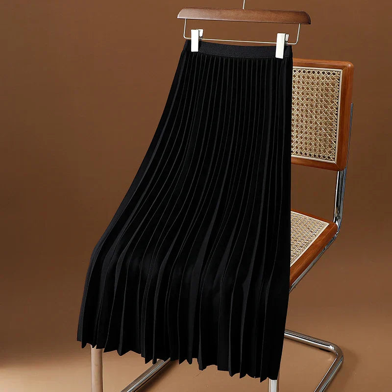 Elegant A-Line Maxi Skirt | High Waisted Design with Pleated Style 0