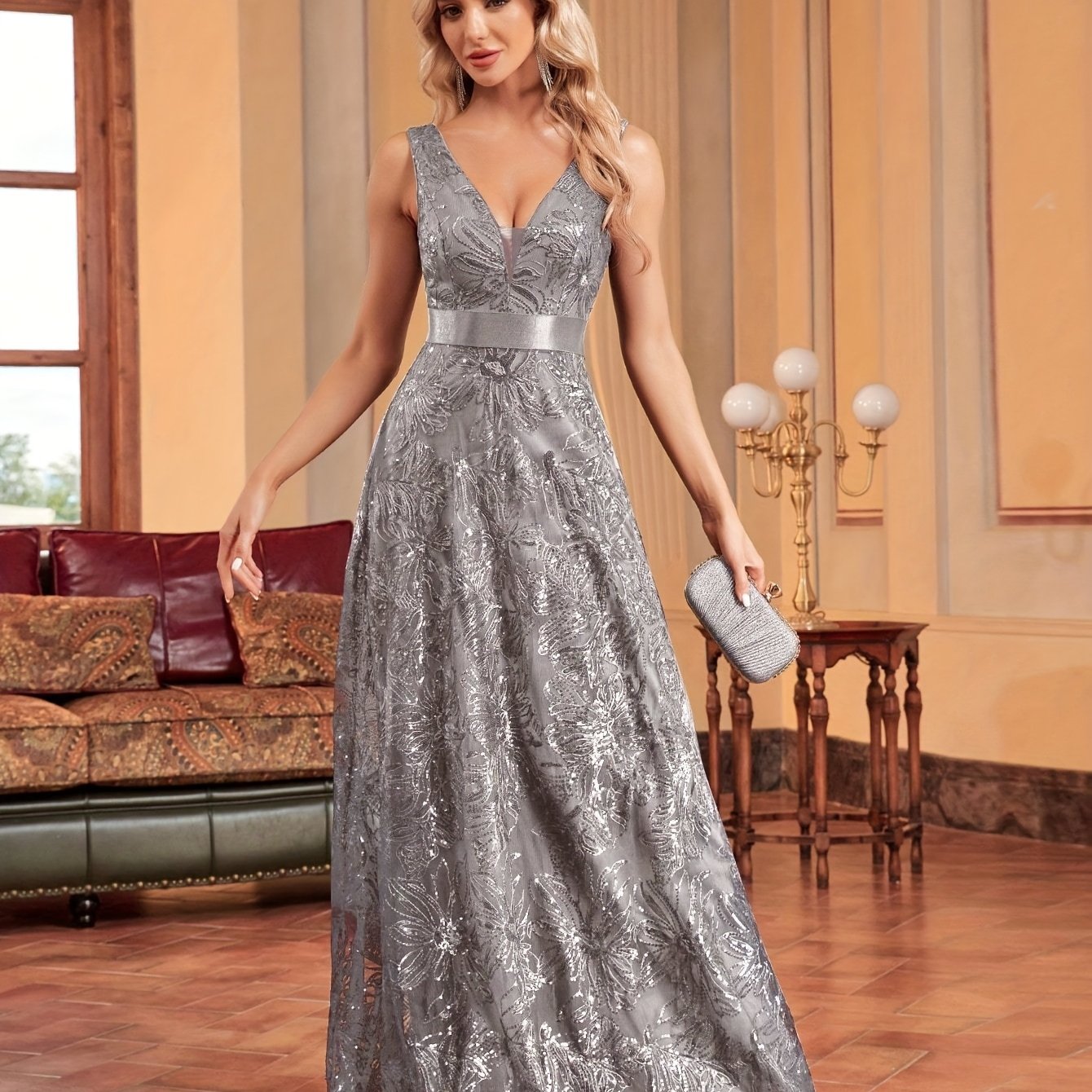 Elegant Collection | Women's Maxi Dress with Embroidered V-Neck Design 10