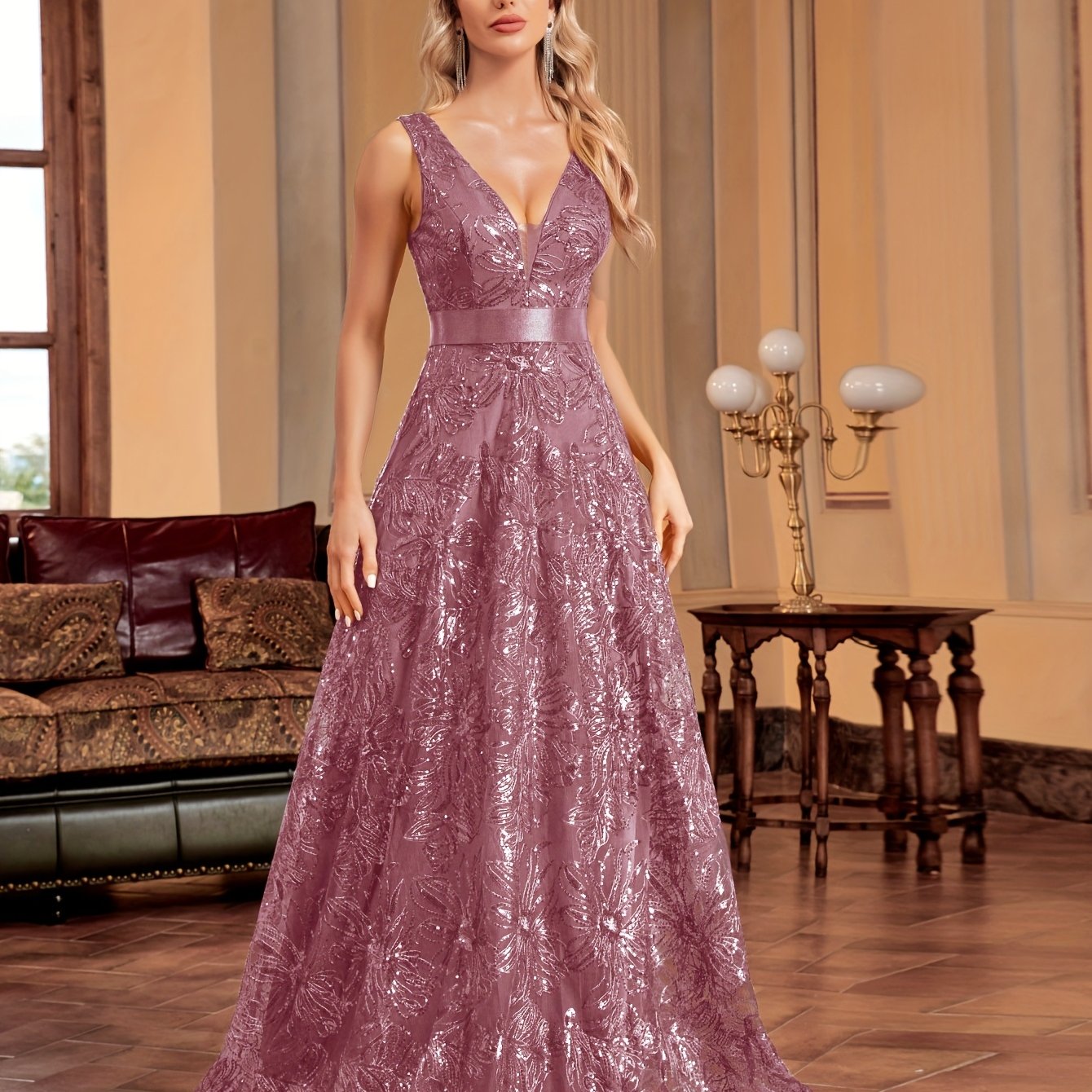 Elegant Collection | Women's Maxi Dress with Embroidered V-Neck Design 8