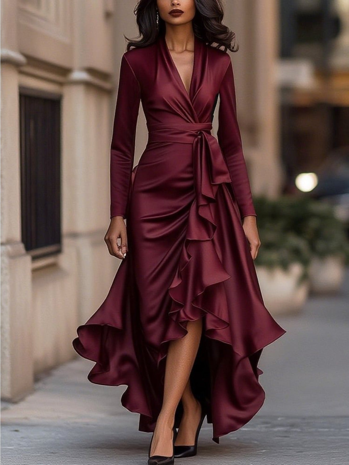 Elegant Collection | Women's Midi Dress with V-Neck Wrap & Ruffle Detail 0