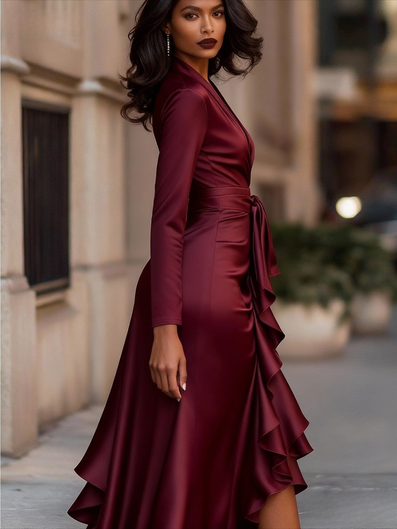 Elegant Collection | Women's Midi Dress with V-Neck Wrap & Ruffle Detail 2