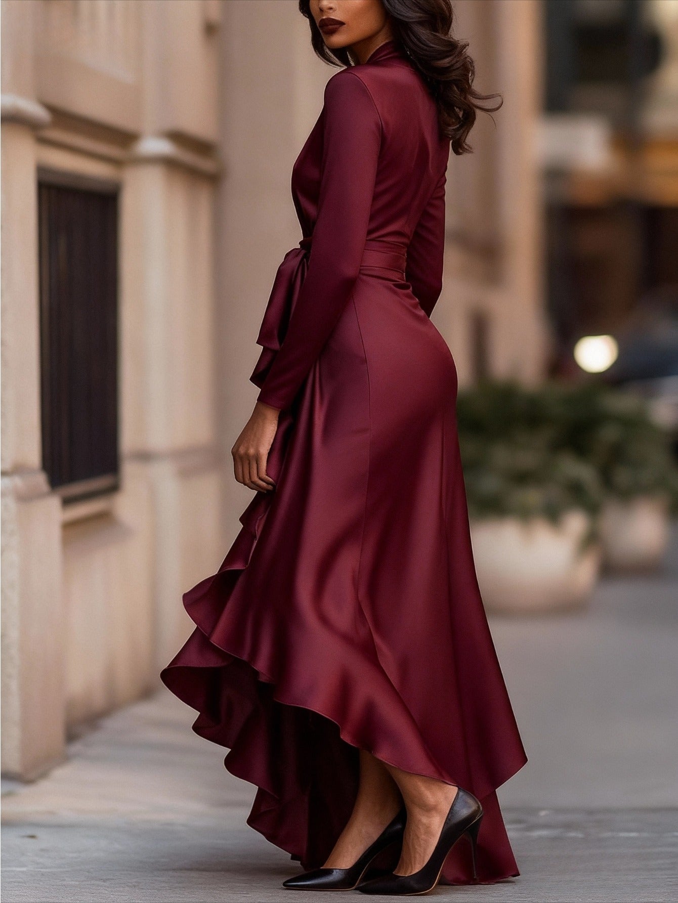 Elegant Collection | Women's Midi Dress with V-Neck Wrap & Ruffle Detail 3