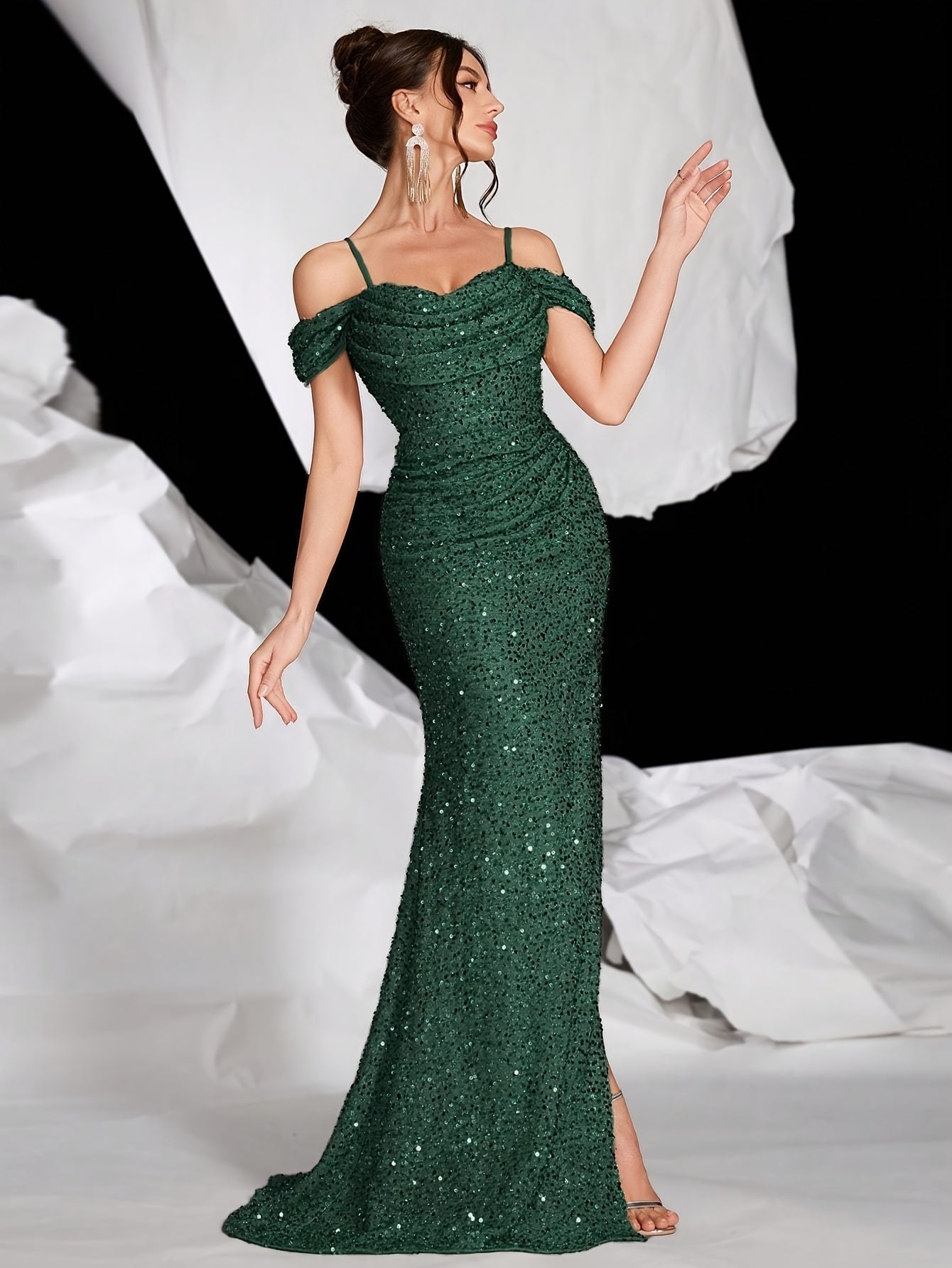 Elegant Evening Dress | Off-Shoulder Sequin Gown with High Slit 1