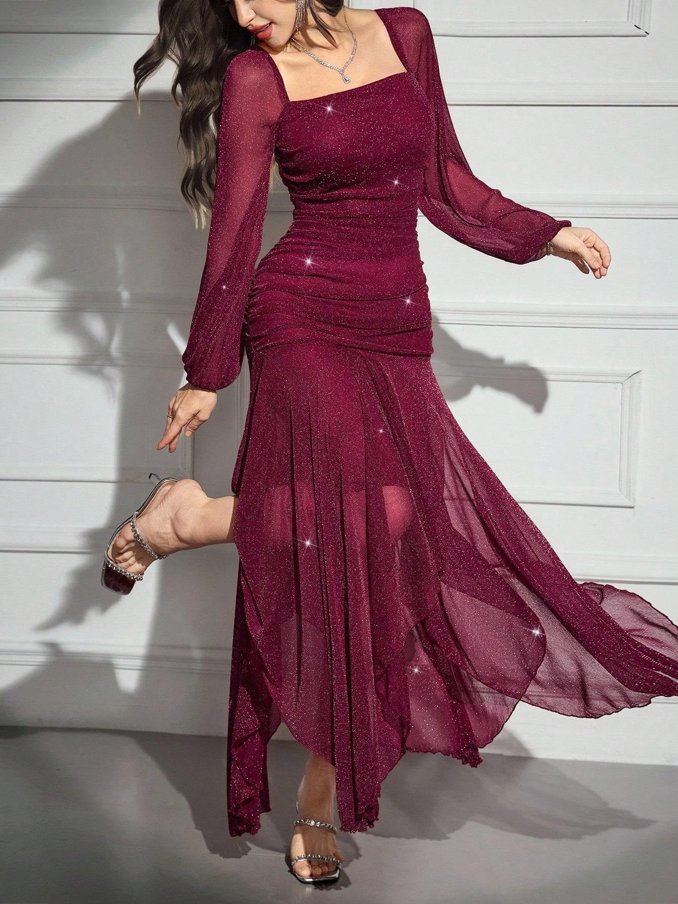 Elegant Evening Wear | Women's Cocktail Dress with Long Sleeves & Ruffle Details 1