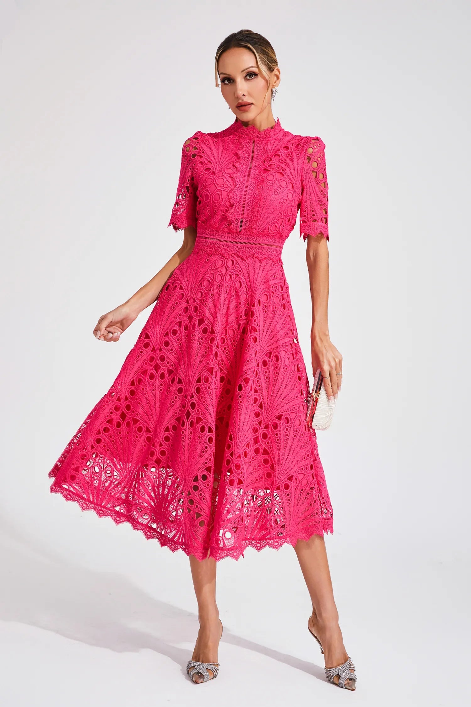 Elegant Lace Midi Dress | Women's Wedding Guest Dress with Flattering Fit 0