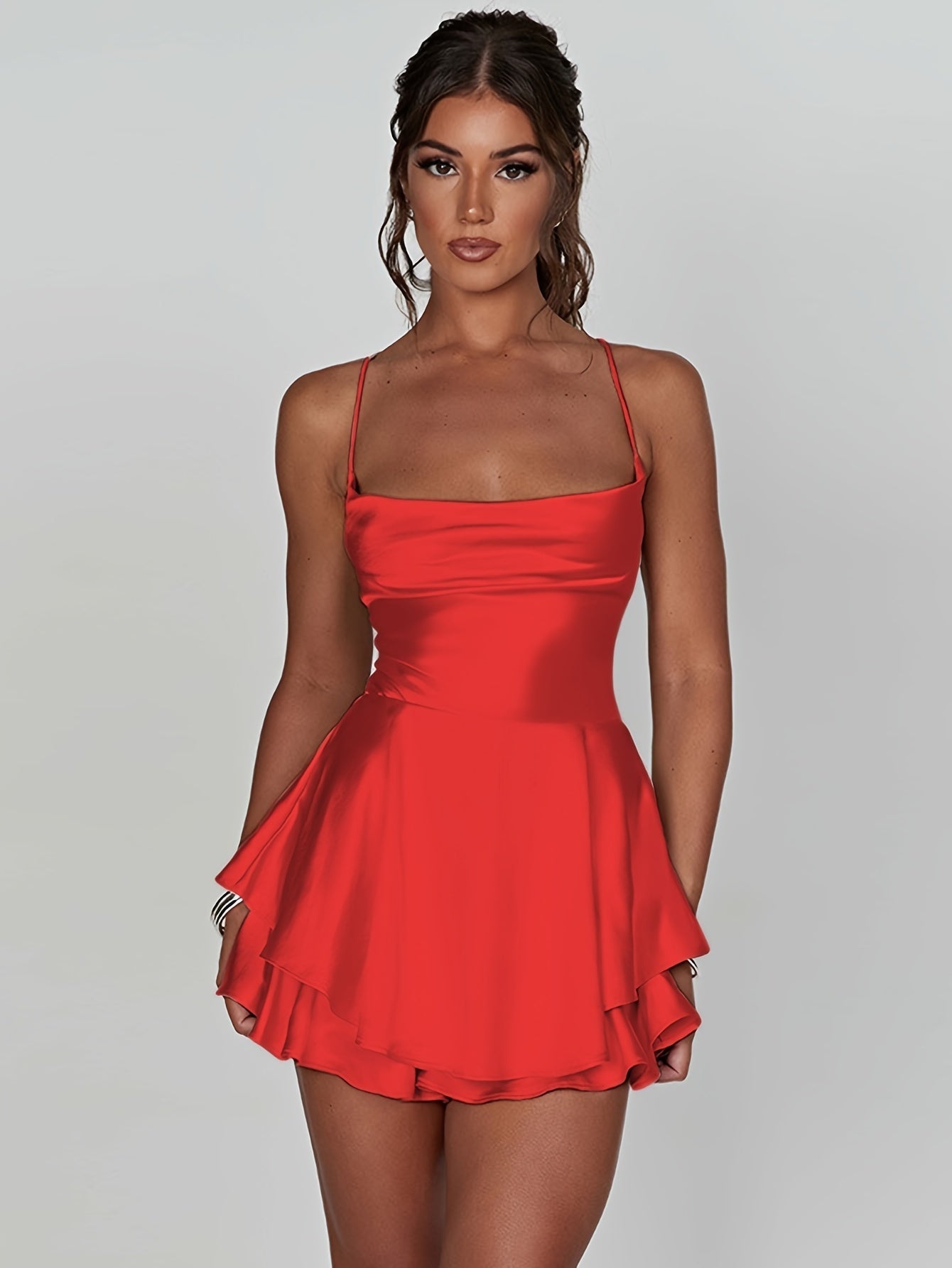 Elegant Layered Mini Dress | Cocktail Dress with Spaghetti Straps 3