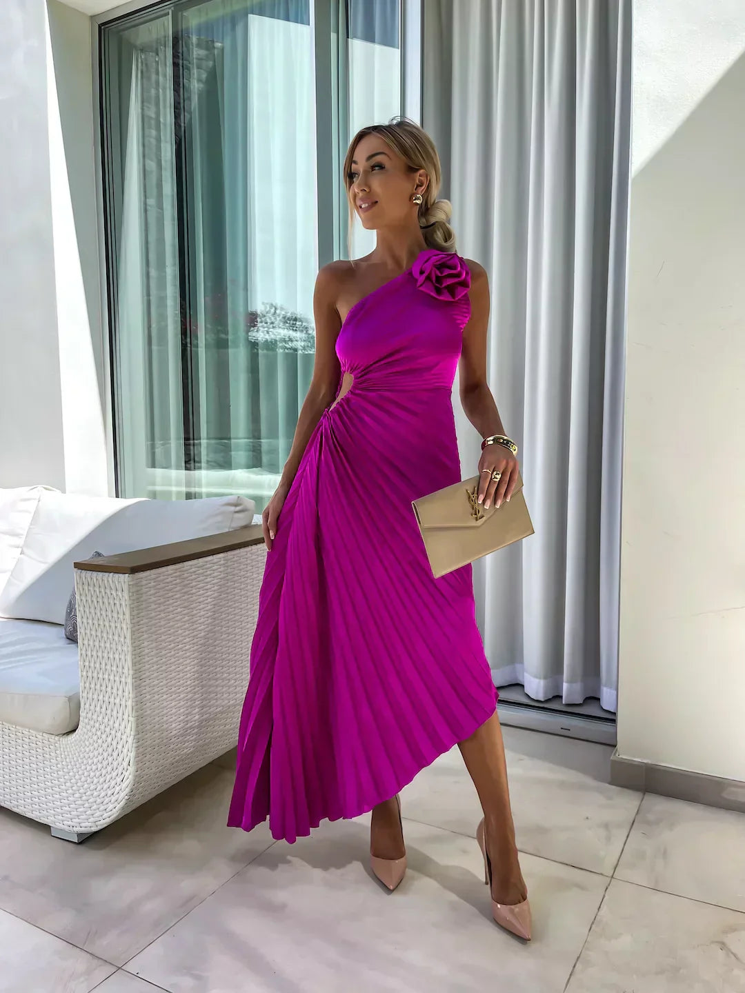 Elegant Pleated | White Maxi Dress for Women with One-Shoulder Design 7