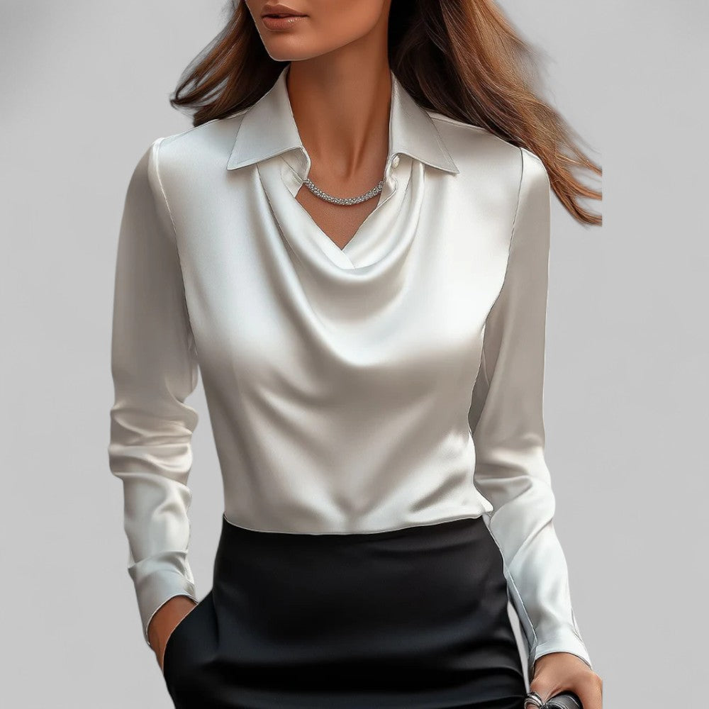 Elegant Satin | Women's Blouse with Draped Neckline & Long Sleeves 0