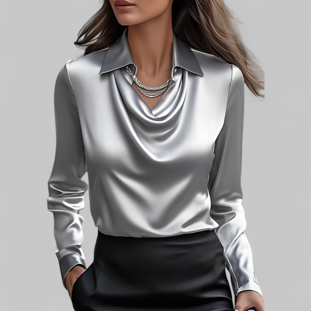 Elegant Satin | Women's Blouse with Draped Neckline & Long Sleeves 1