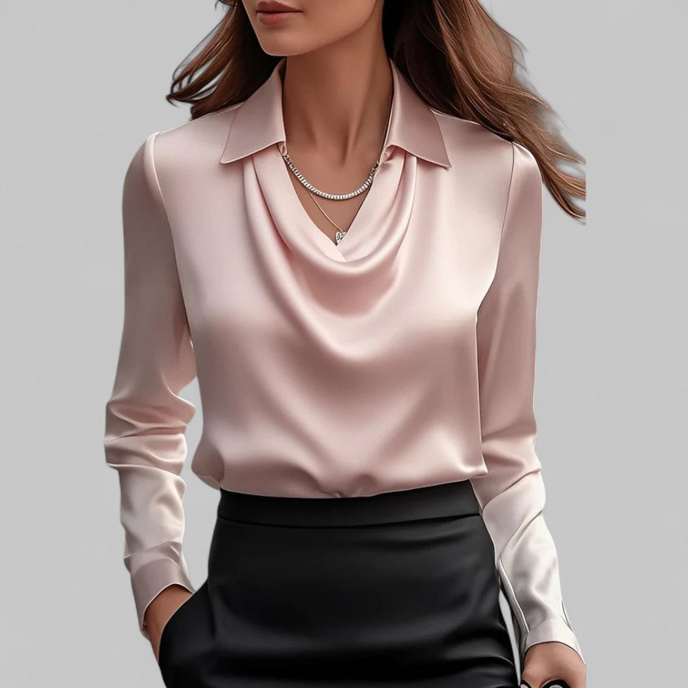 Elegant Satin | Women's Blouse with Draped Neckline & Long Sleeves 2