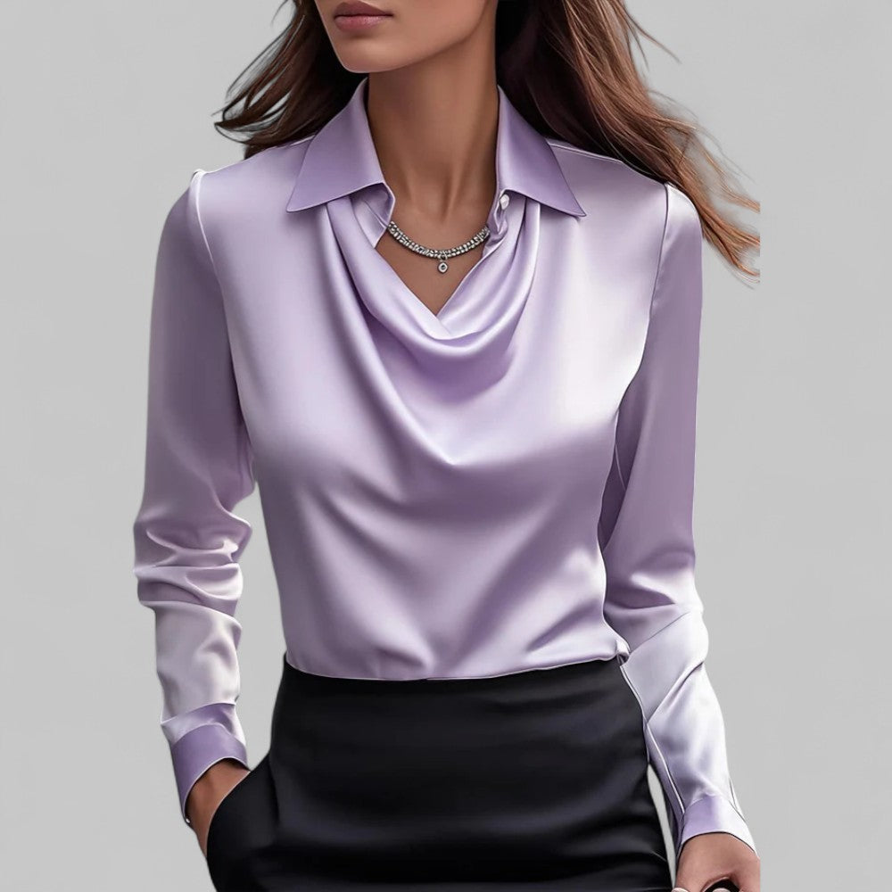 Elegant Satin | Women's Blouse with Draped Neckline & Long Sleeves 3