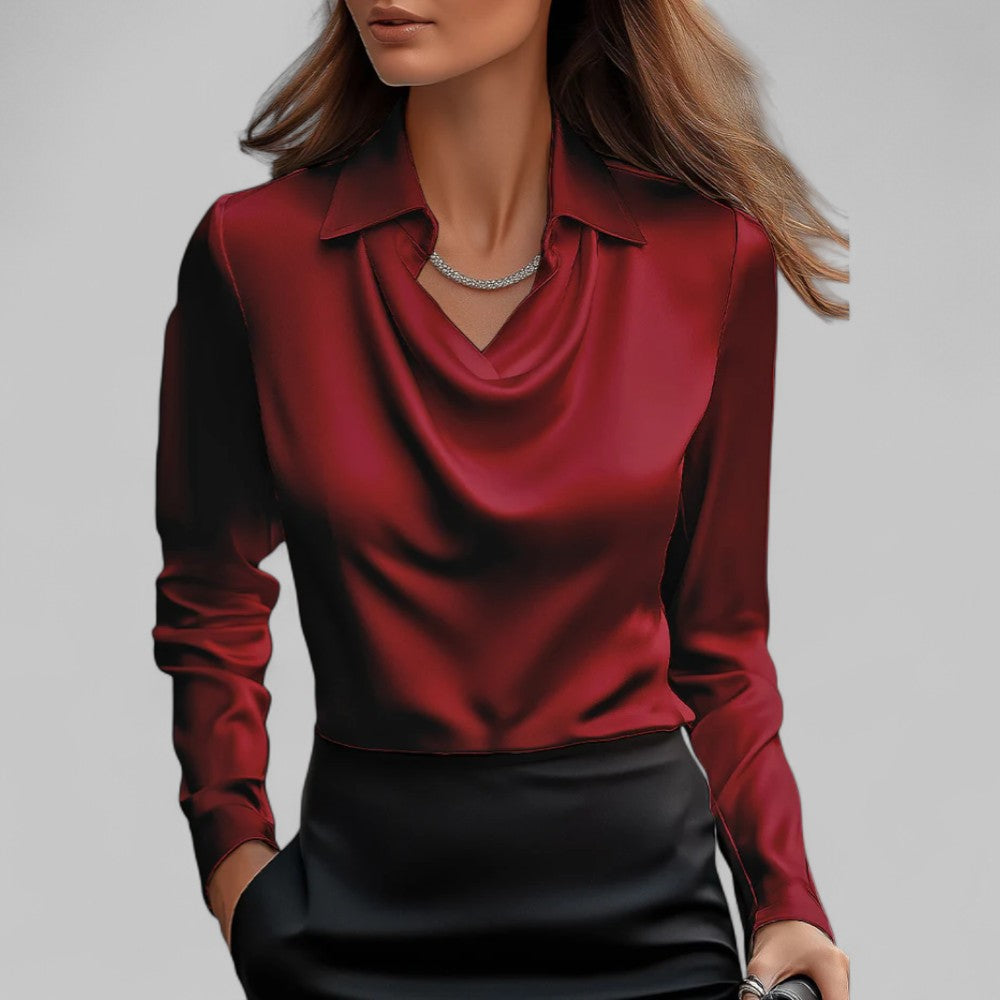 Elegant Satin | Women's Blouse with Draped Neckline & Long Sleeves 4