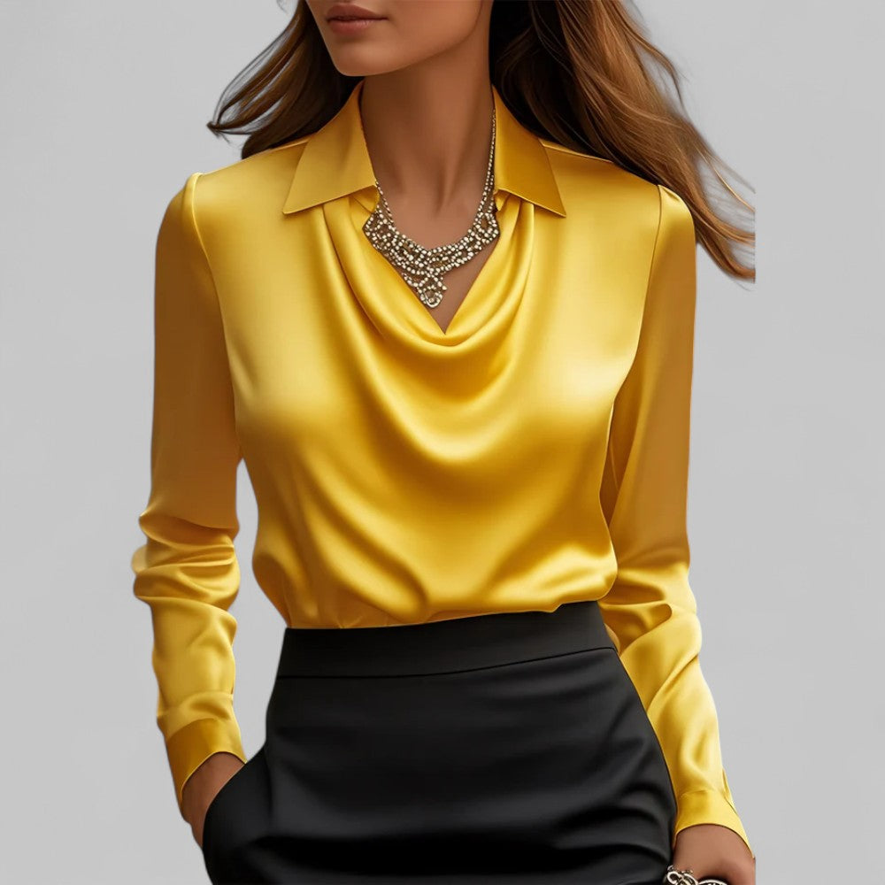 Elegant Satin | Women's Blouse with Draped Neckline & Long Sleeves 6