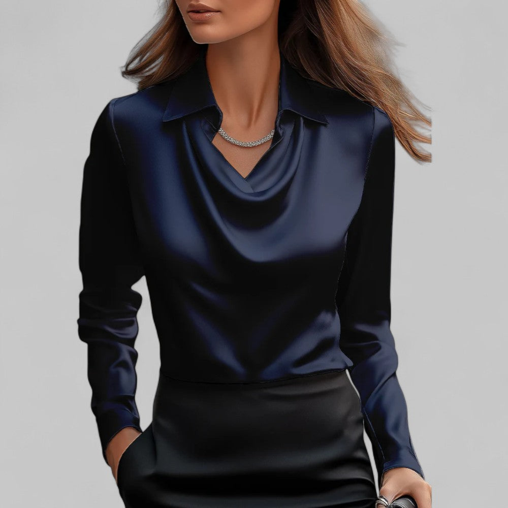 Elegant Satin | Women's Blouse with Draped Neckline & Long Sleeves 7