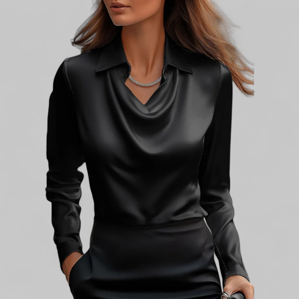 Elegant Satin | Women's Blouse with Draped Neckline & Long Sleeves 8