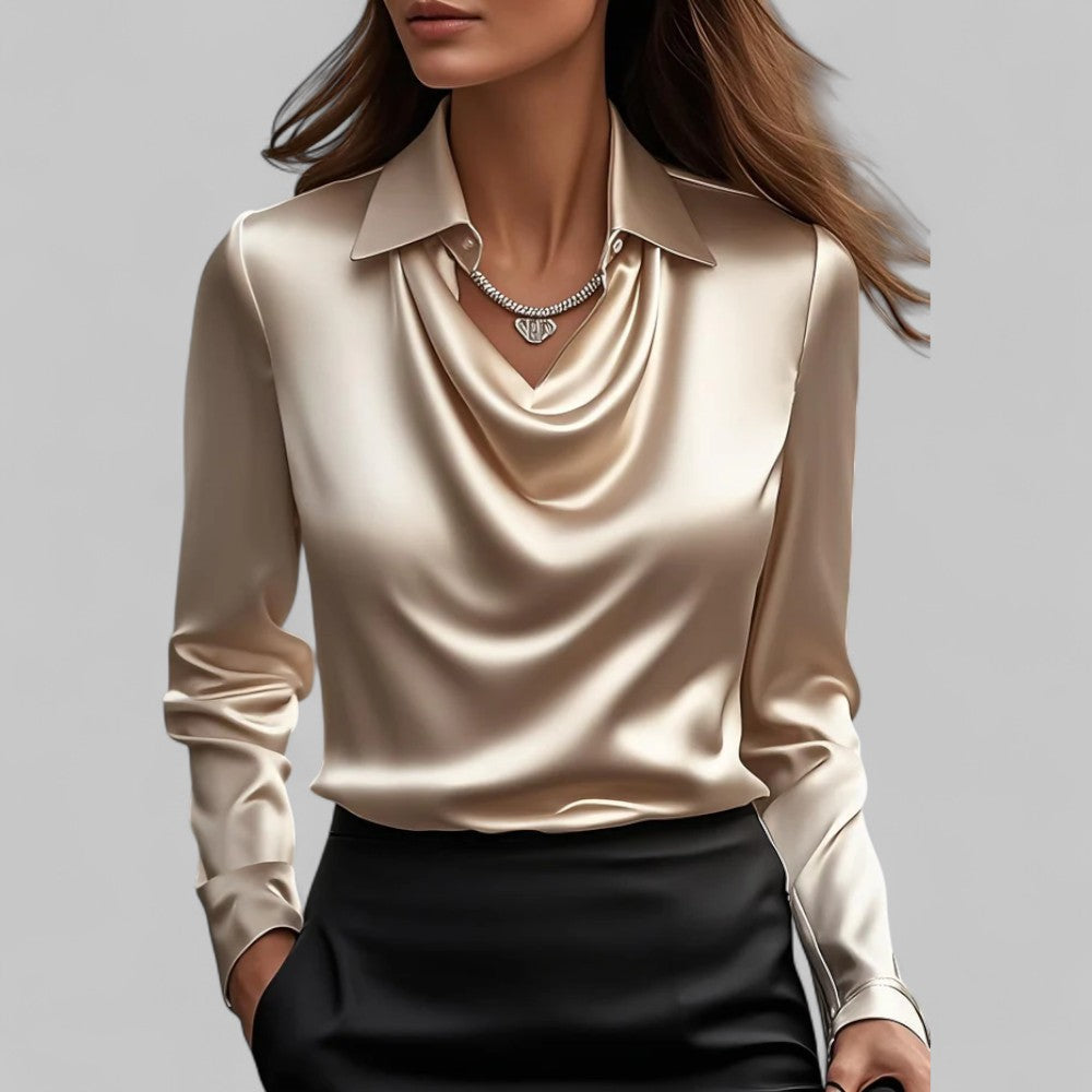 Elegant Satin | Women's Blouse with Draped Neckline & Long Sleeves 9