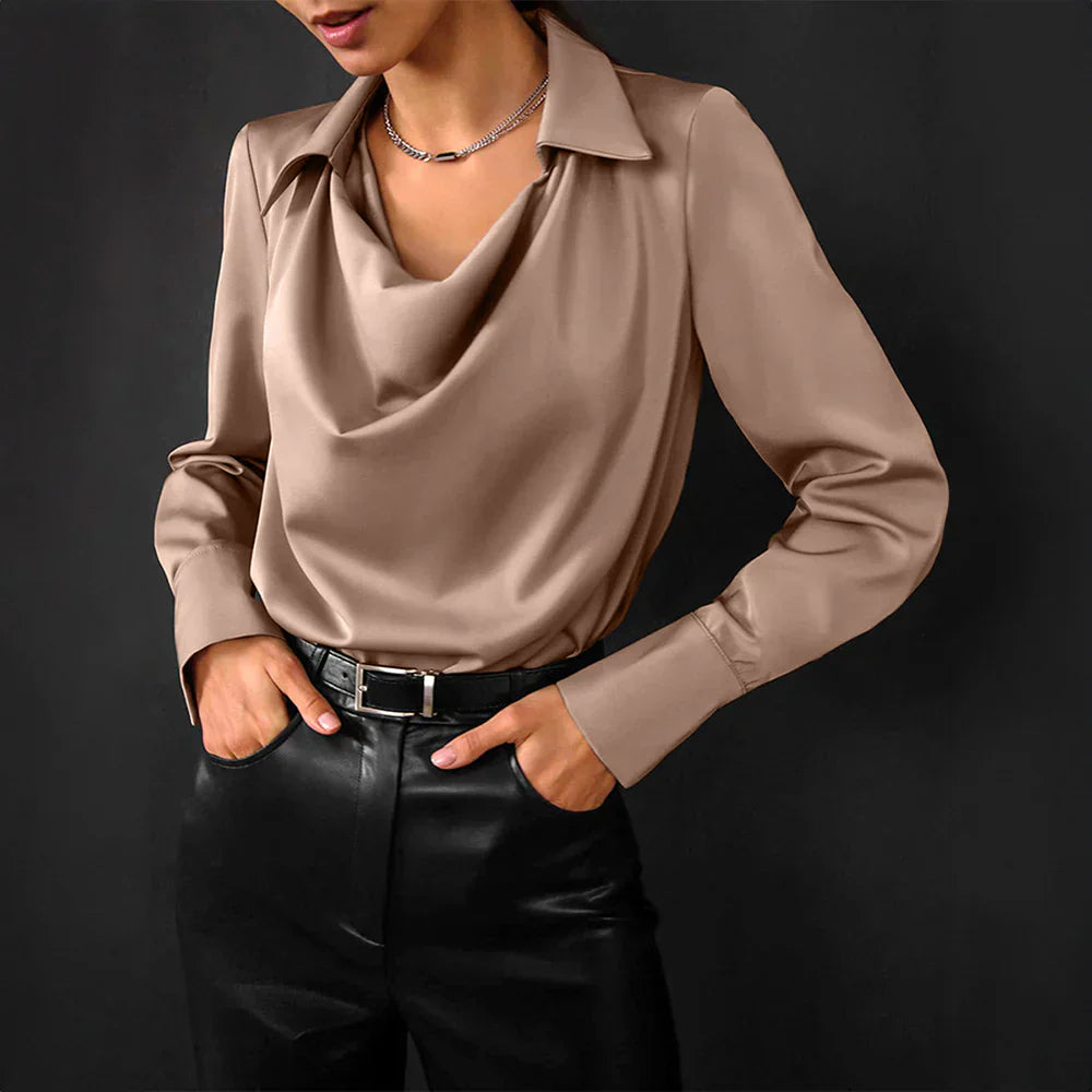 Elegant Satin | Women's Blouse with Modern Draped Neckline & Long Sleeves 0