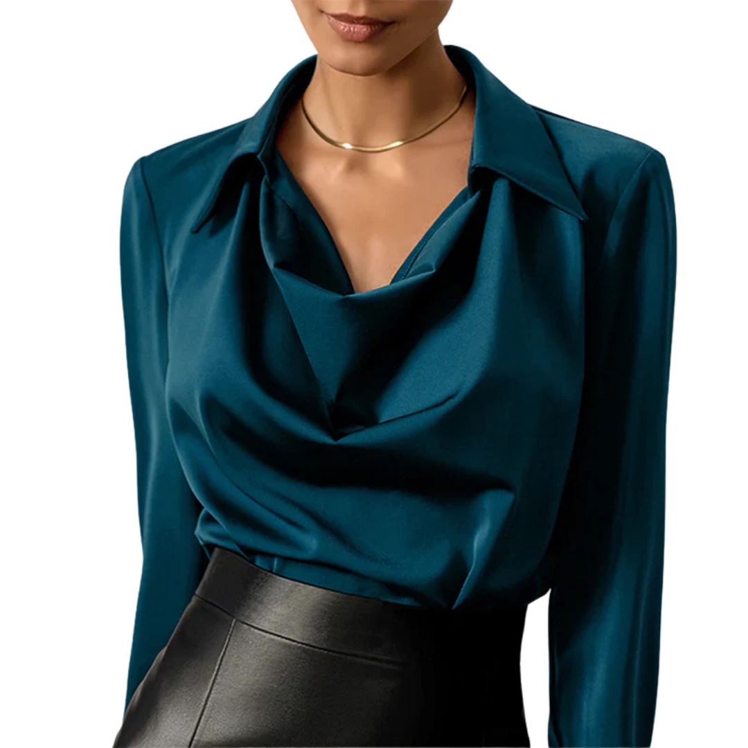Elegant Satin | Women's Blouse with Modern Draped Neckline & Long Sleeves 1