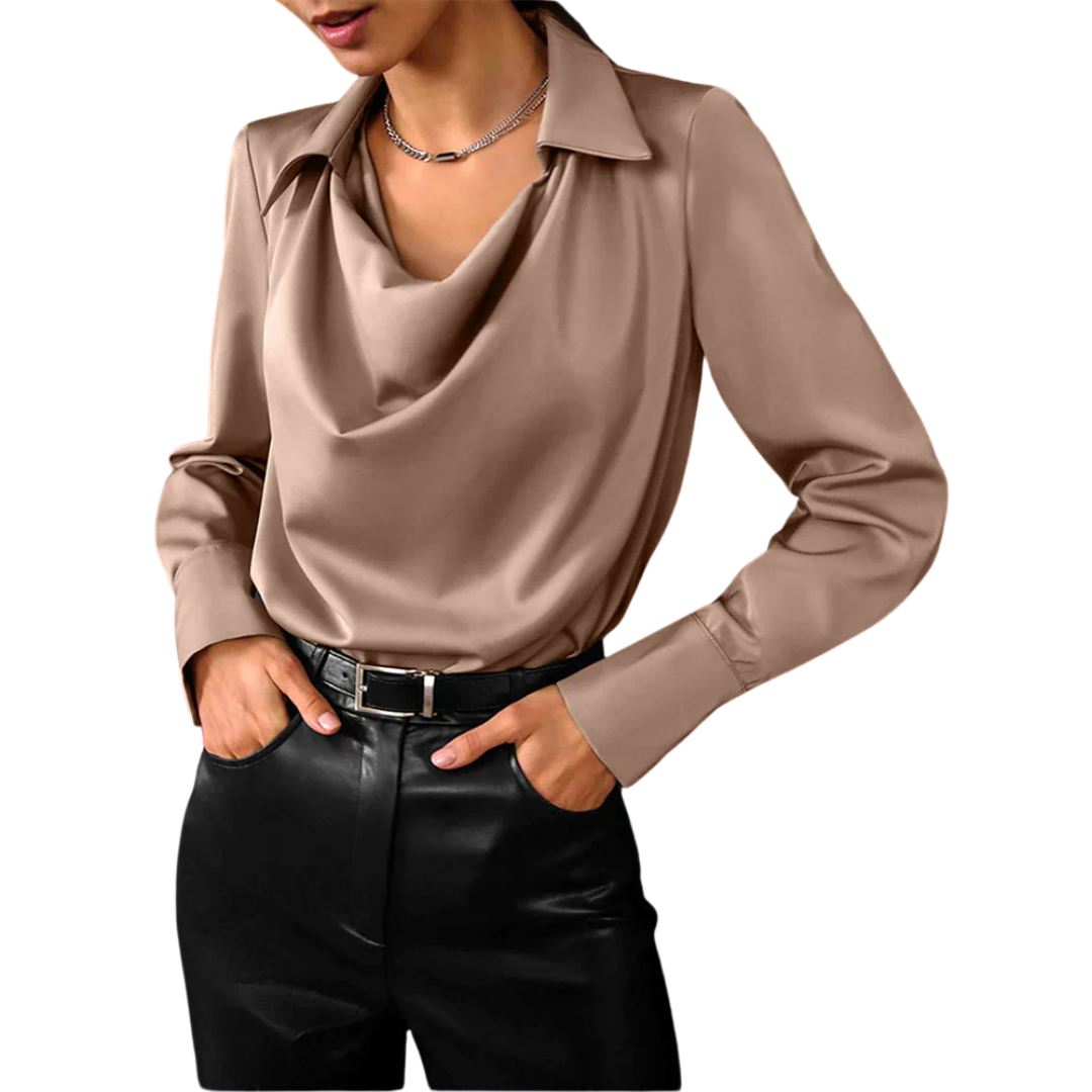 Elegant Satin | Women's Blouse with Modern Draped Neckline & Long Sleeves 2