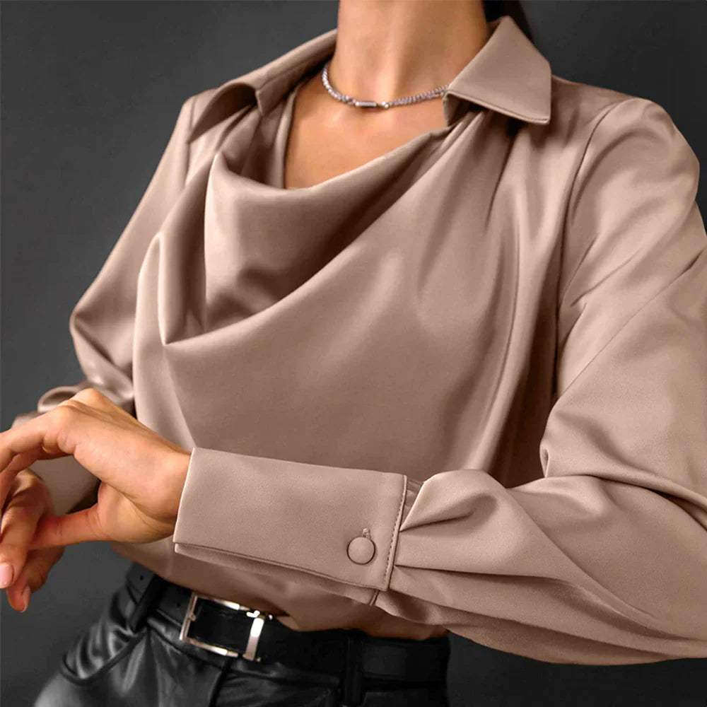 Elegant Satin | Women's Blouse with Modern Draped Neckline & Long Sleeves 3