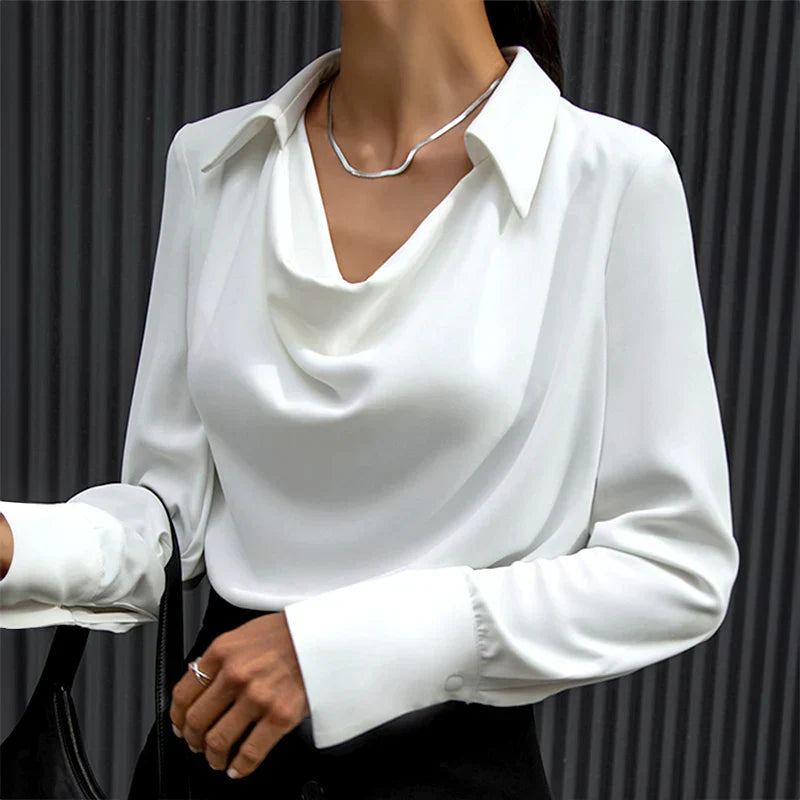 Elegant Satin | Women's Blouse with Modern Draped Neckline & Long Sleeves 5