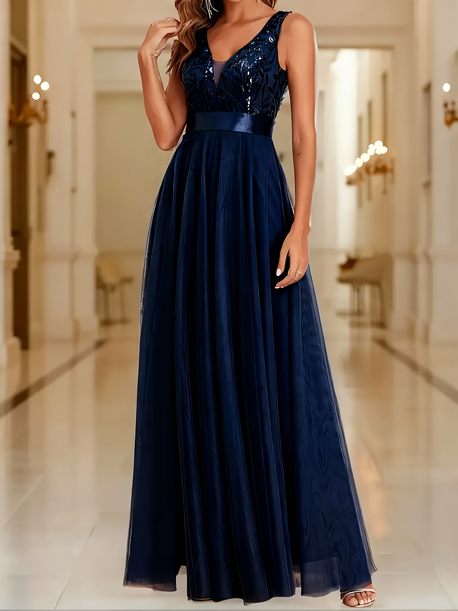 Elegant Sequin Maxi Dress for Women with V-Neck & A-Line Silhouette 2