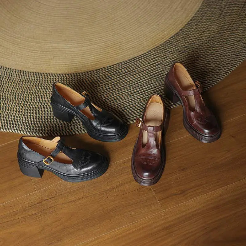 Emily | Elegant Classic Leather T-Strap Heels 2