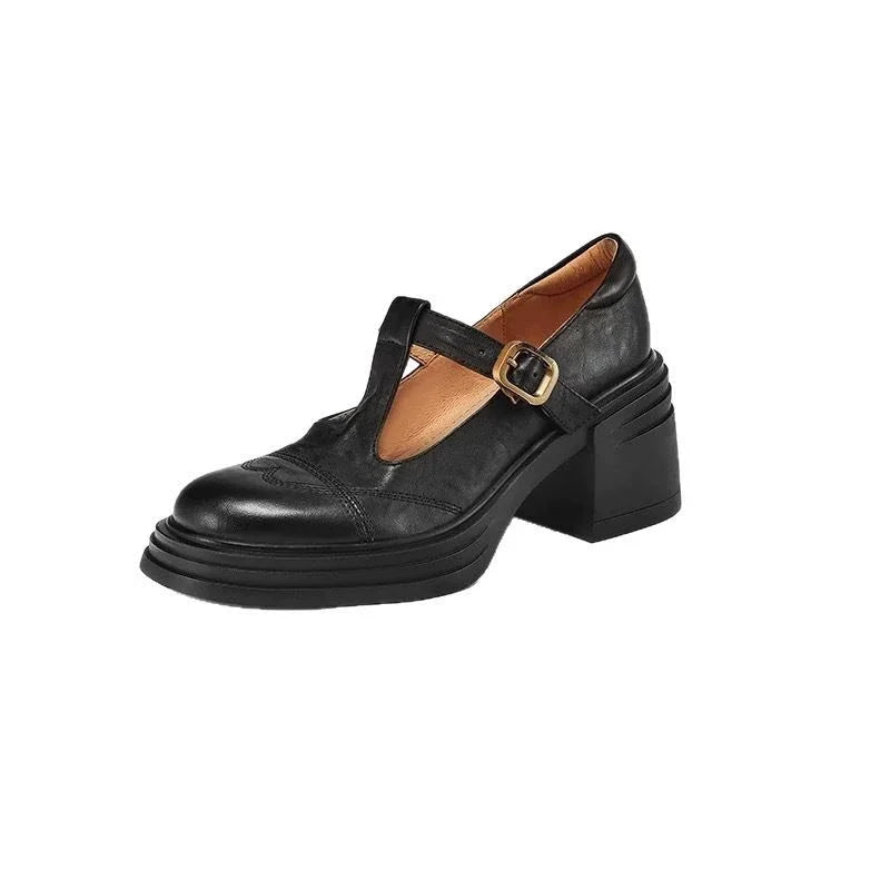 Emily | Elegant Classic Leather T-Strap Heels 4