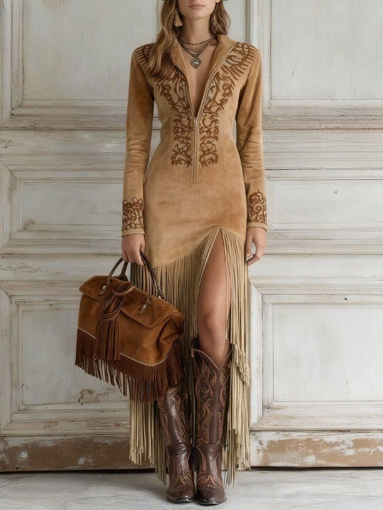 Emma | Elegant Long Sleeve Fringe Maxi Dress 1