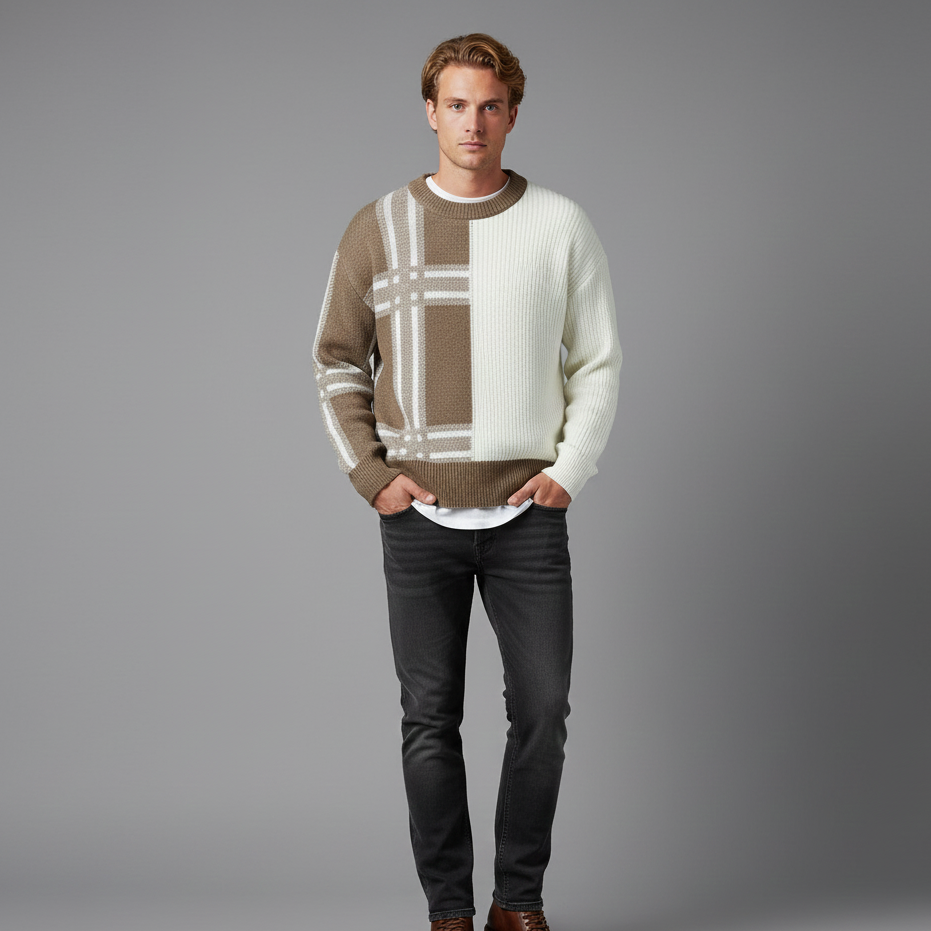 Men’s Patchwork Crew Neck Knit Jumper