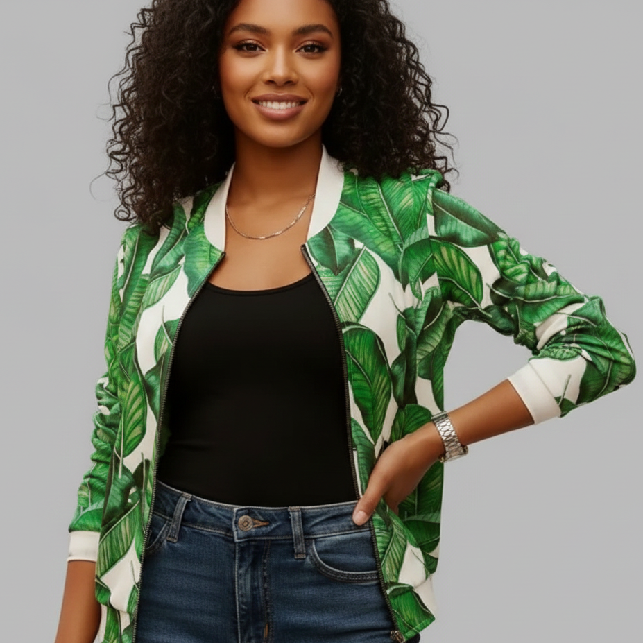 Women’s Blue Floral Bomber Jacket Zip-Up