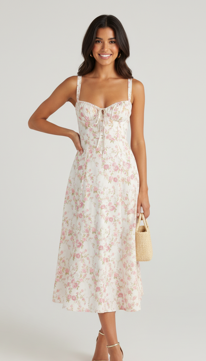 Margaret | White Midi Dress with Corset Detail