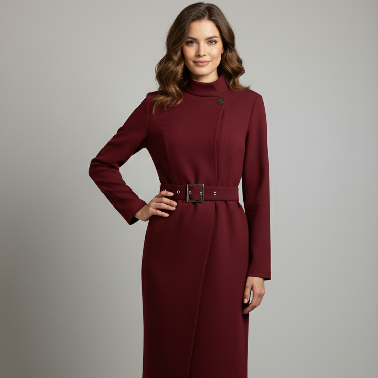 Women’s Belted Midi Coat Dress – Elegance Collection