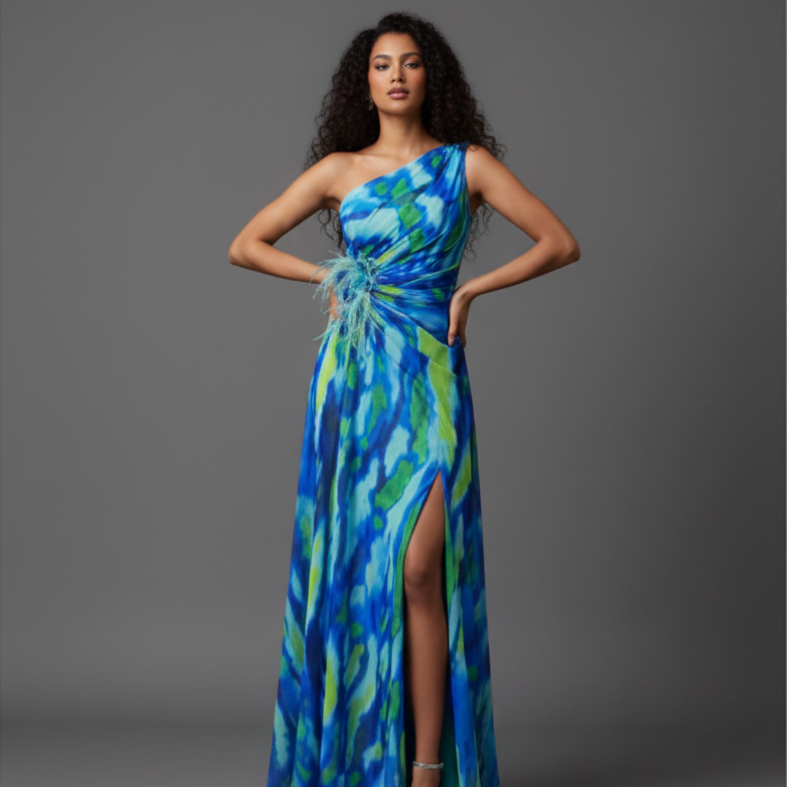 Anna | Vibrant One Shoulder Slit Maxi Dress for Women