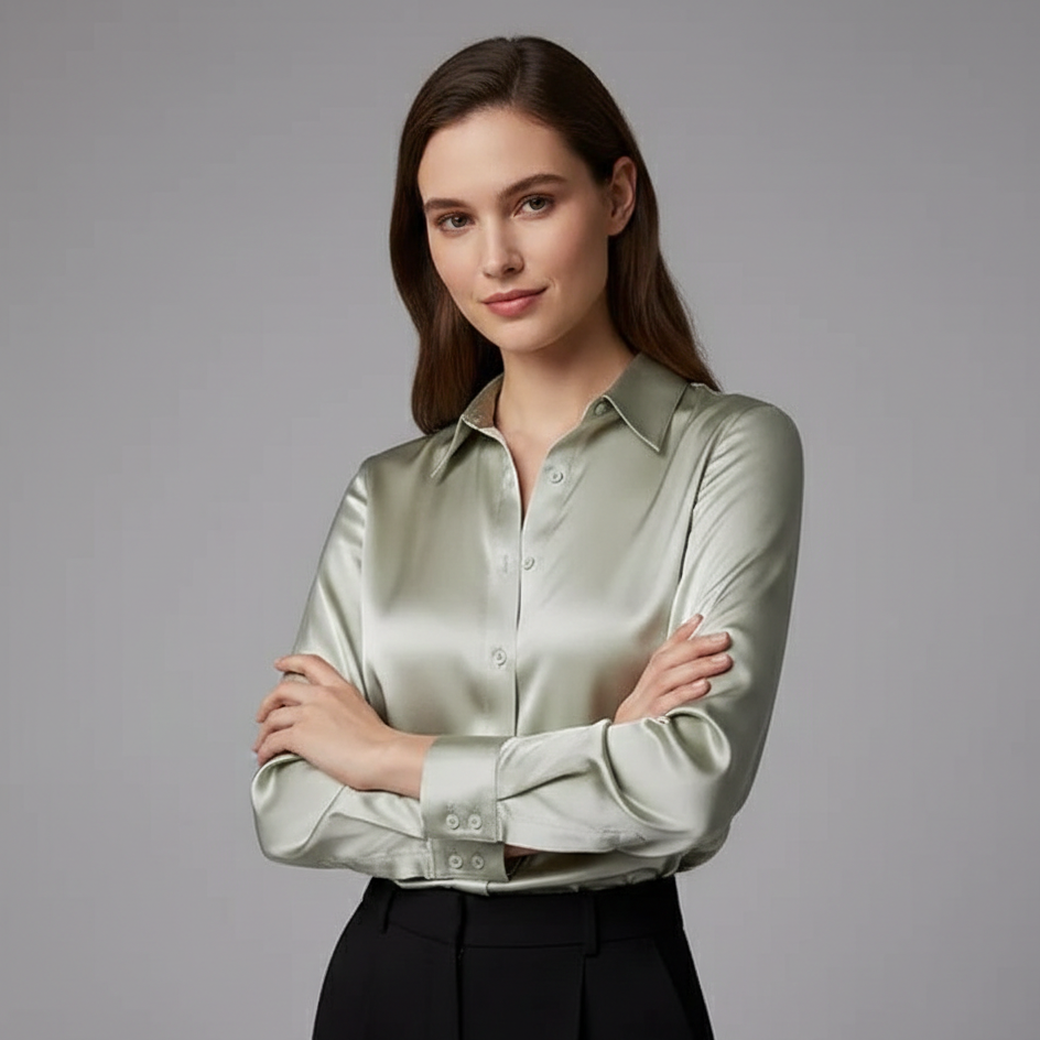 Kelsey | Women's White Satin Blouse with Classic Button